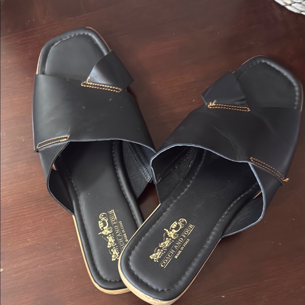 Coach and Four Black Slide Sandals with Wide Strap